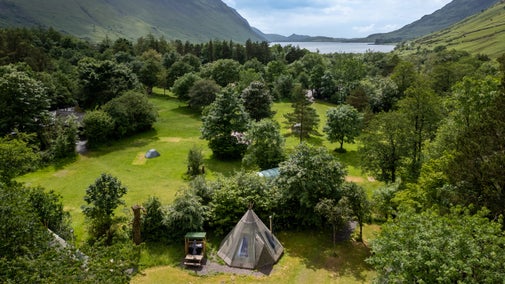 An aerial view of a tipi and tent pitches at Wasdale Campsite, Cumbria